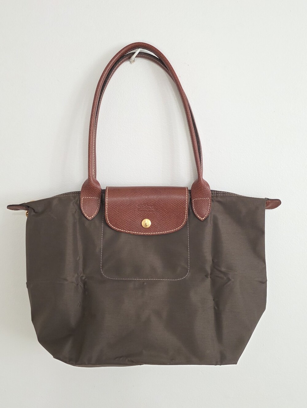Vintage Longchamp Le Pliage Shopping Shoulder Bag Nylon Mocha Brown Leather